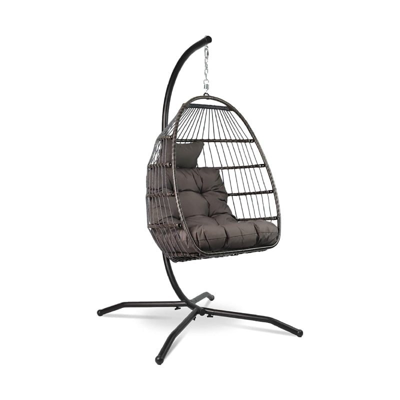 Comfortable Rattan Hanging Chair with Frame - Boho Egg Swing for Indoor & Outdoor - 150 Kg Load Capacity - Dark Grey